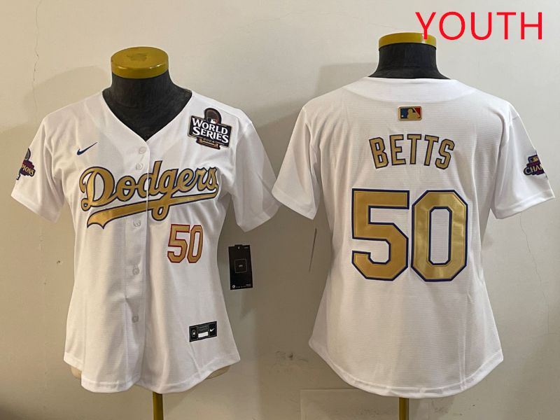 Youth Los Angeles Dodgers #50 Betts White Champion gold character 2025 Nike MLB Jersey style 4092->youth mlb jersey->Youth Jersey